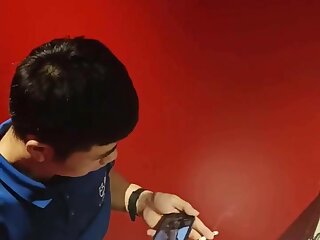 Thick dicked guy jerking off in public toilet and spying