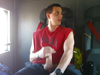 Muscle lad big cock jerks off at work