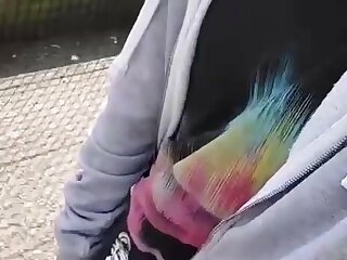 Whipping out his big uncut cock walking in public